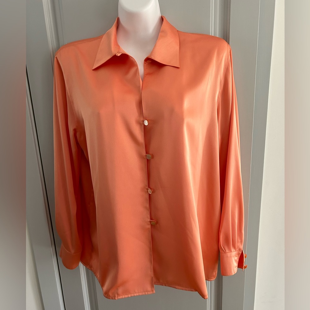 Vintage Louis Feraud Coral / Salmom color satin button down blouse. Size 12